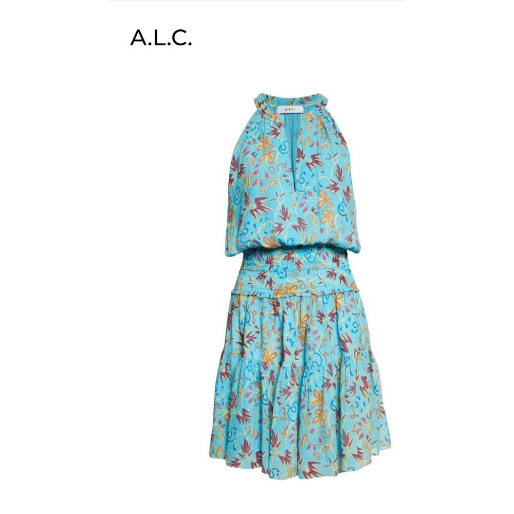 A.L.C. Courtney Floral Smocked Tiered Silk Dress Blue 6 V Neck Mini Luxury